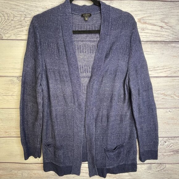 Talbots Women Linen Cardigan Size Large Blue Pockets Open Coastal Capsule - Picture 3 of 11